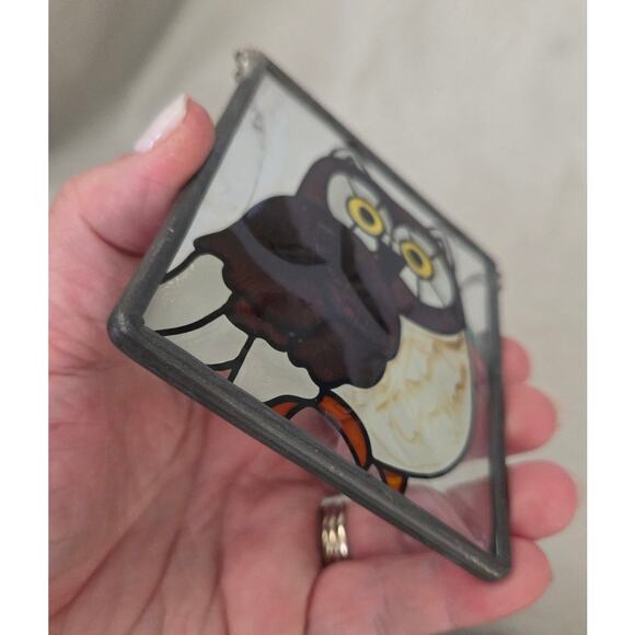Vtg Owl Stained Glass Wall Hanging Sun Catcher West World Inc. Hand Painted - Picture 3 of 6